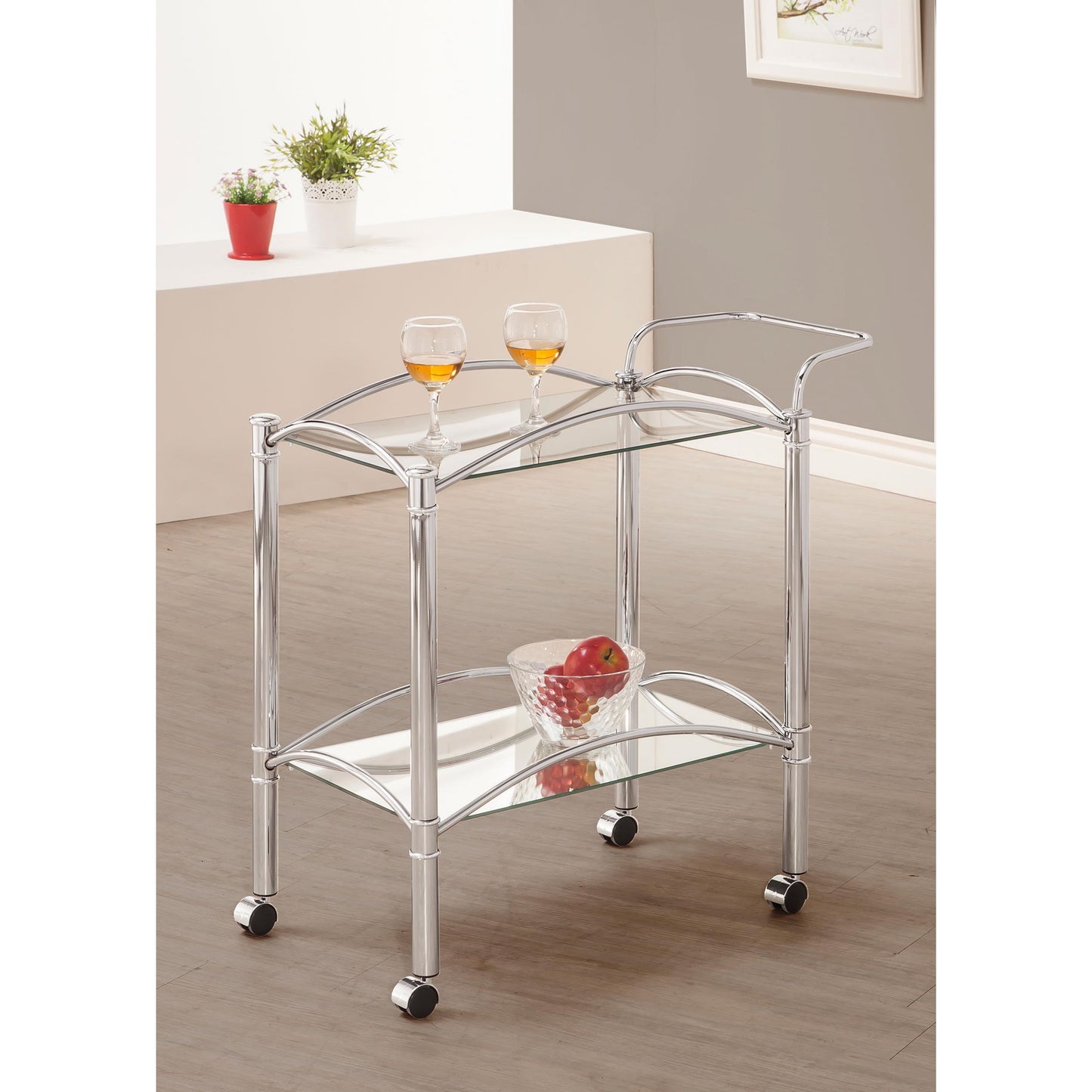 Coaster Furniture Shadix 910077 2-tier Rectangular Glass Shelf Metal Bar Cart - Chrome IMAGE 7
