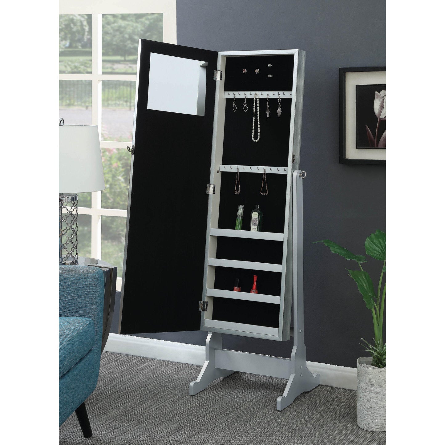 Coaster Furniture Elle 902779 Cheval Mirror with Jewelry Storage - Silver IMAGE 2