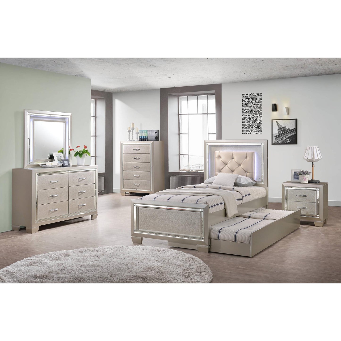 Elements International Platinum Youth LT111DRMR Dresser & Mirror w/ LED Light Set IMAGE 6
