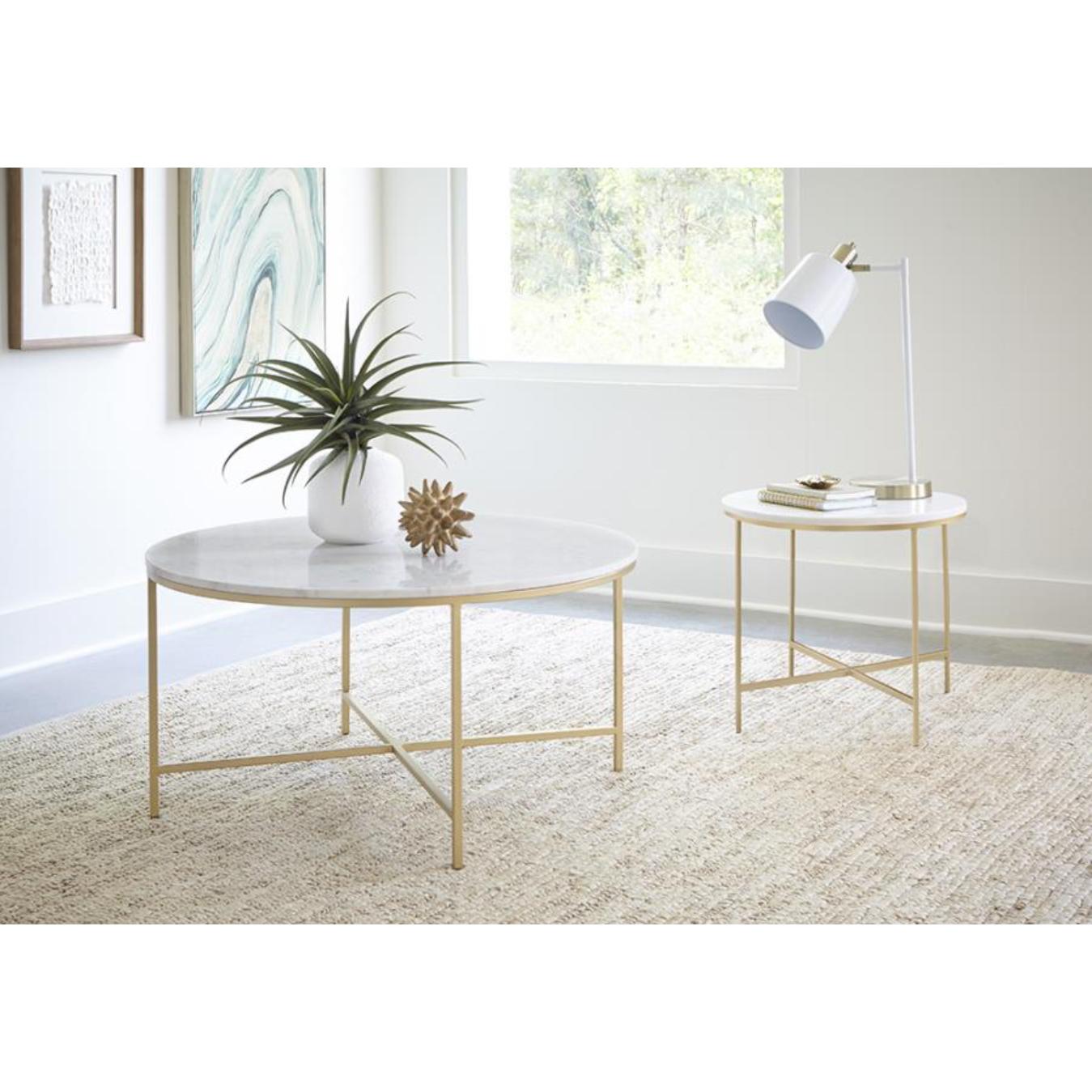 Coaster Furniture Ellison 723208 Round Marble Top Coffee Table - White and Gold IMAGE 2