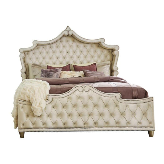 Coaster Furniture Antonella 223521KE Upholstered Eastern King Panel Bed - Ivory and Camel IMAGE 1