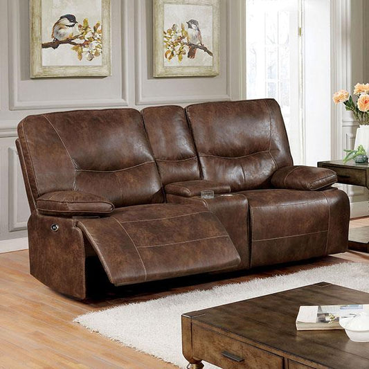 Furniture of America Chantoise Power Reclining Leather Look Loveseat with Console CM6228BR-LV IMAGE 1