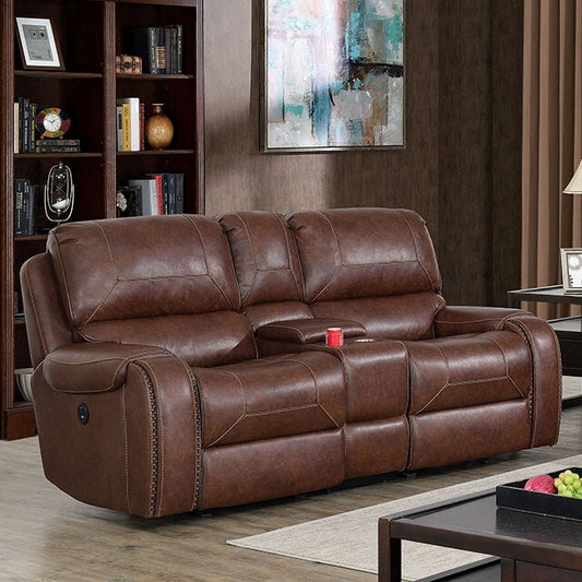 Furniture of America Walter Power Reclining Leather Look Loveseat CM6950BR-LV-PM IMAGE 1