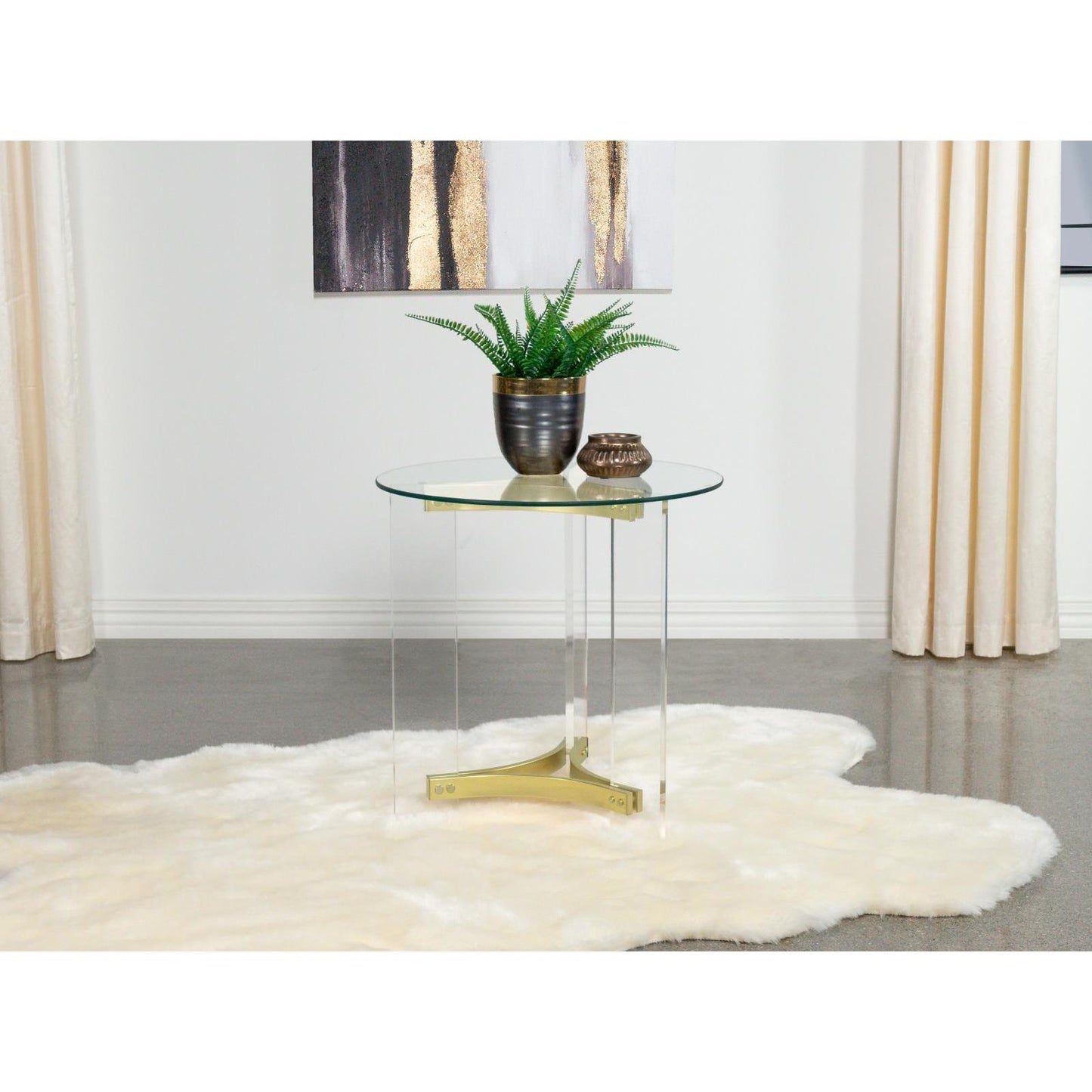 Coaster Furniture Janessa 710067 Round Glass Top Acrylic Leg End Table - Matte Brass IMAGE 9