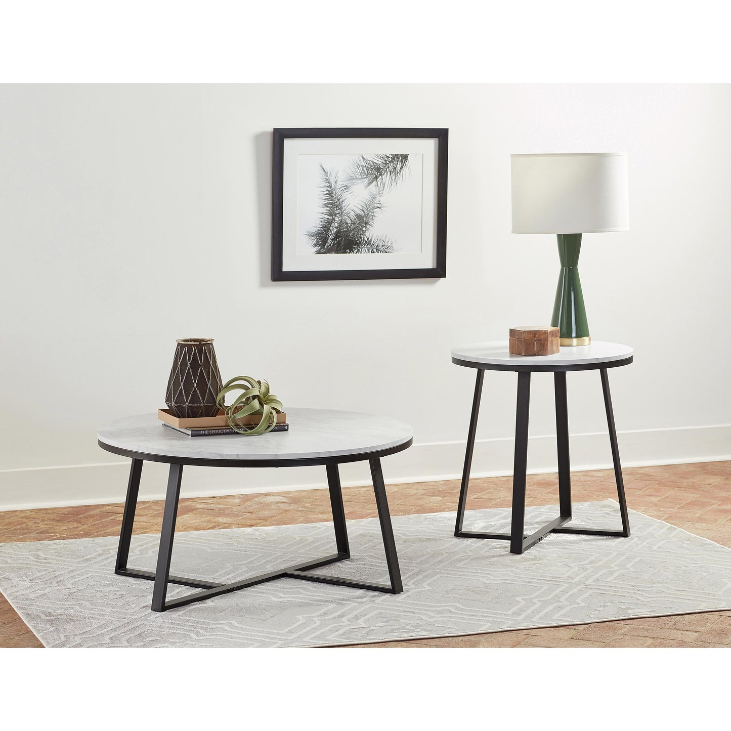 Coaster Furniture Hugo 723238 Round Faux Marble Coffee Table - White and Matte Black IMAGE 2