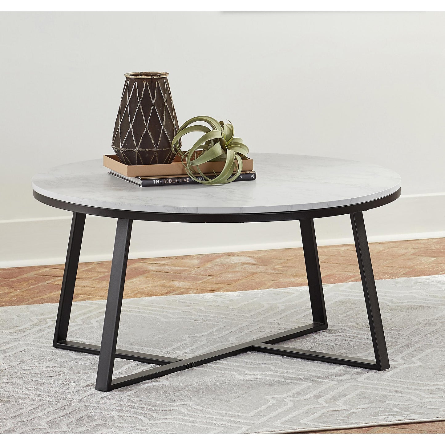 Coaster Furniture Hugo 723238 Round Faux Marble Coffee Table - White and Matte Black IMAGE 3