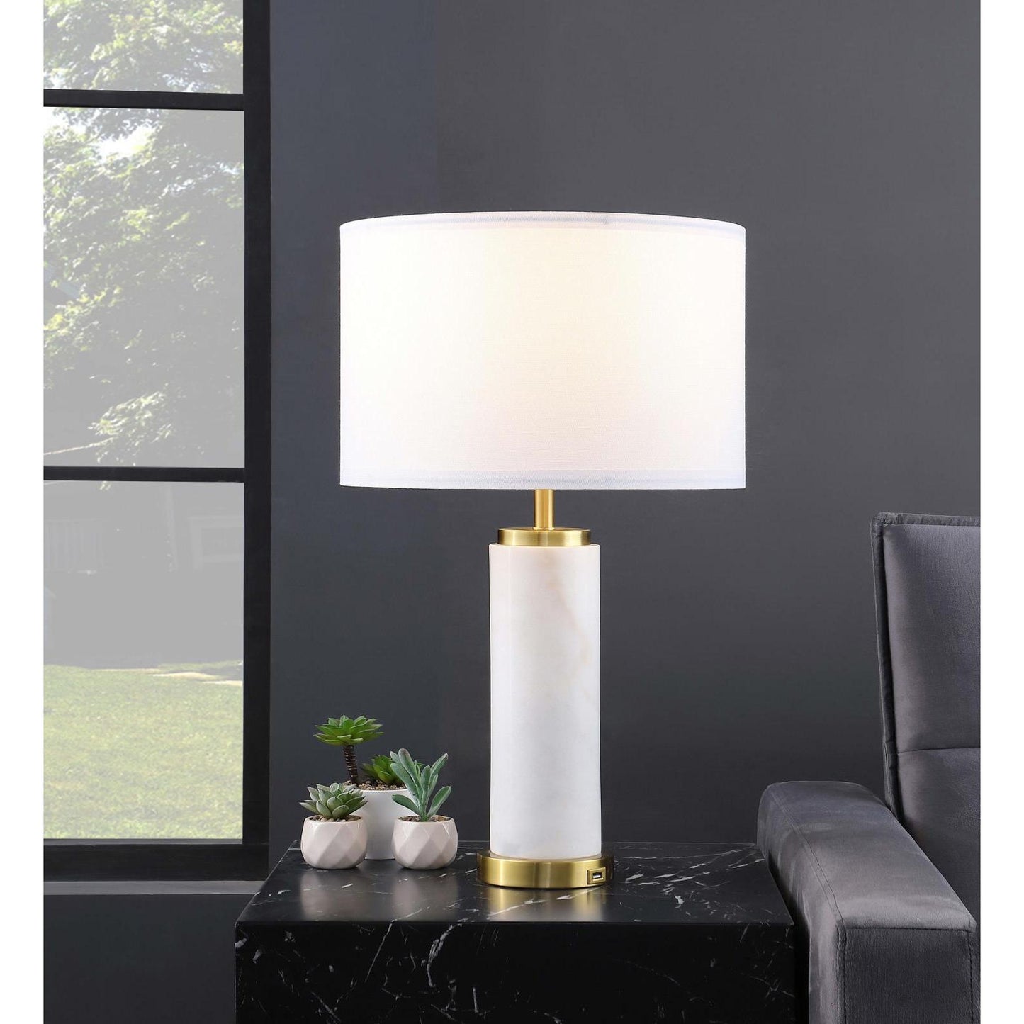Coaster Furniture Lucius 920208 25-inch Drum Shade Marble Body Table Lamp - White IMAGE 2