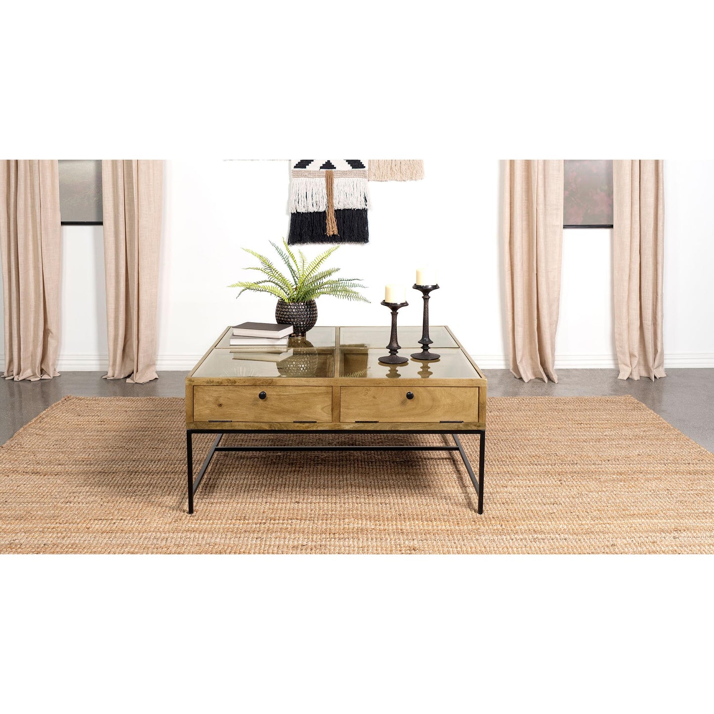 Coaster Furniture Stephie 704698 4-Drawer Square Glass Top Coffee Table - Honey Brown IMAGE 2