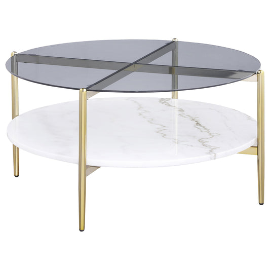 Coaster Furniture Jonelle 710338 Round Glass Top Coffee Table - White Marble Shelf Gold IMAGE 1
