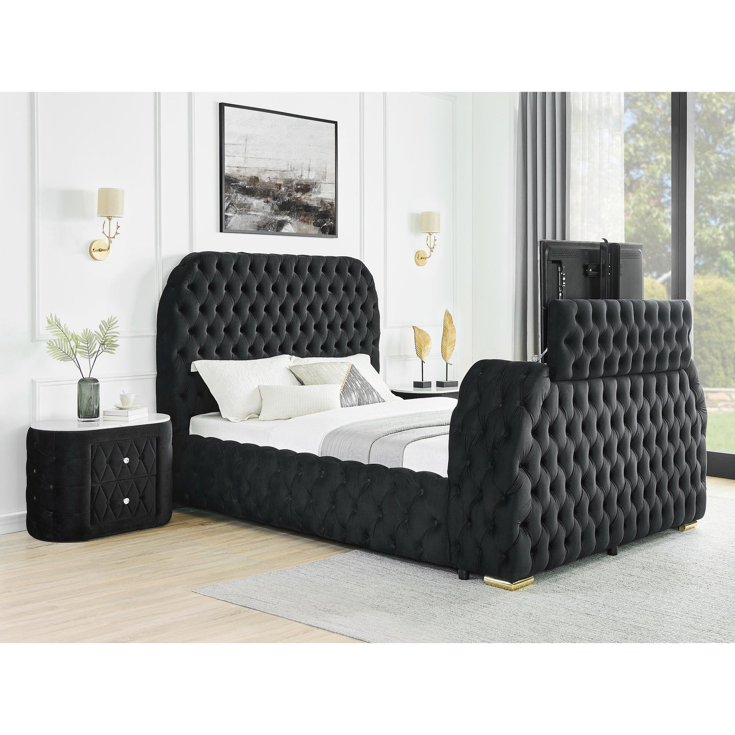 Crown Mark Natalia 5115BK-K King Bed with Fireplace and TV Lift - Black IMAGE 3