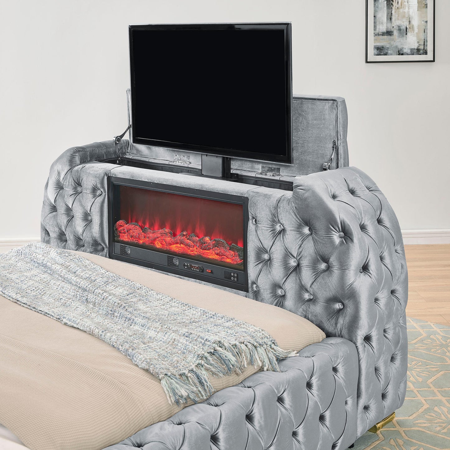 Crown Mark Natalia 5115GY-K King Bed with Fireplace and TV Lift - Grey IMAGE 5
