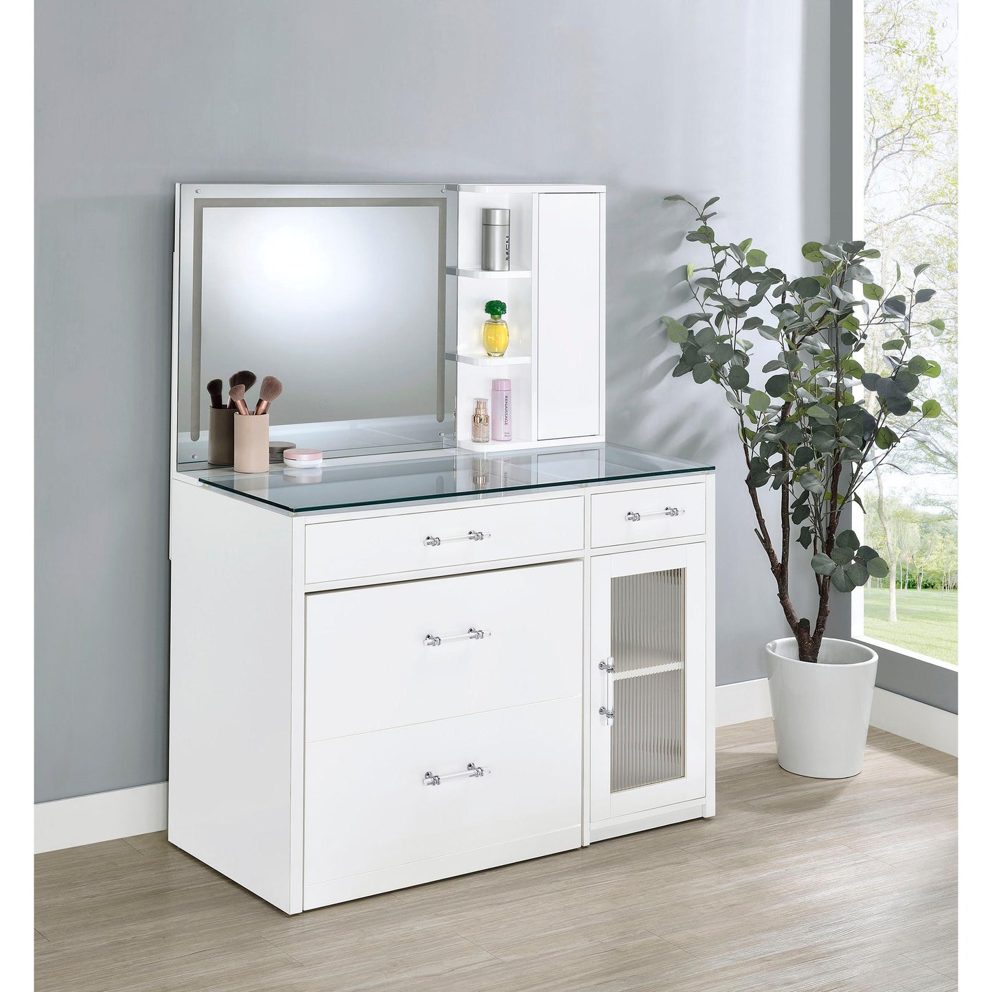Coaster Furniture Flora 930218 2-drawer Vanity Set with LED Mirror - White High Gloss IMAGE 2