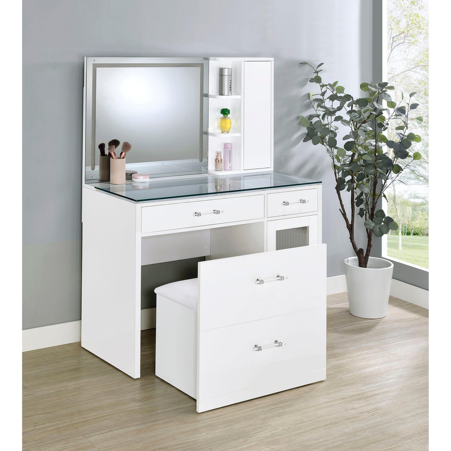 Coaster Furniture Flora 930218 2-drawer Vanity Set with LED Mirror - White High Gloss IMAGE 3