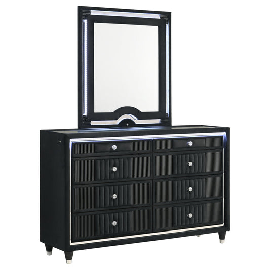 Coaster Furniture Ravenne 223193M 8-drawer Velvet Upholstered LED Dresser and Mirror - Black IMAGE 1