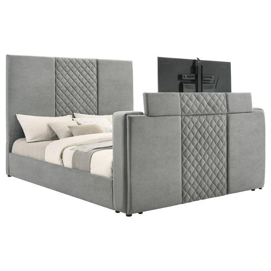 Coaster Furniture Tara 315994KE 61-inch Upholstered Eastern King Panel TV Bed - Grey IMAGE 1