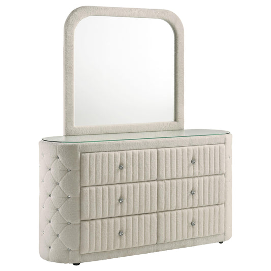 Coaster Furniture Sonya 360113M 6-drawer Upholstered Bedroom Dresser with Mirror - Ivory IMAGE 1