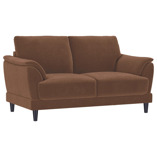 Coaster Furniture Selma 552102 Velvet Upholstered Crescent Arm Loveseat - Rust IMAGE 1