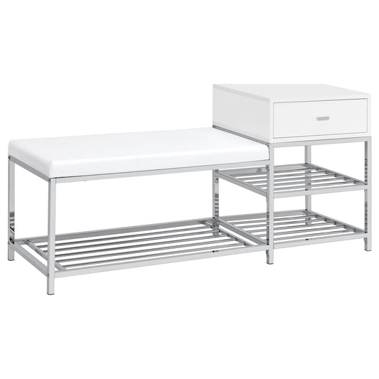 Coaster Furniture Siega 910223 1-Drawer Shoe Storage Entryway Bench - White High Gloss/Chrome IMAGE 1