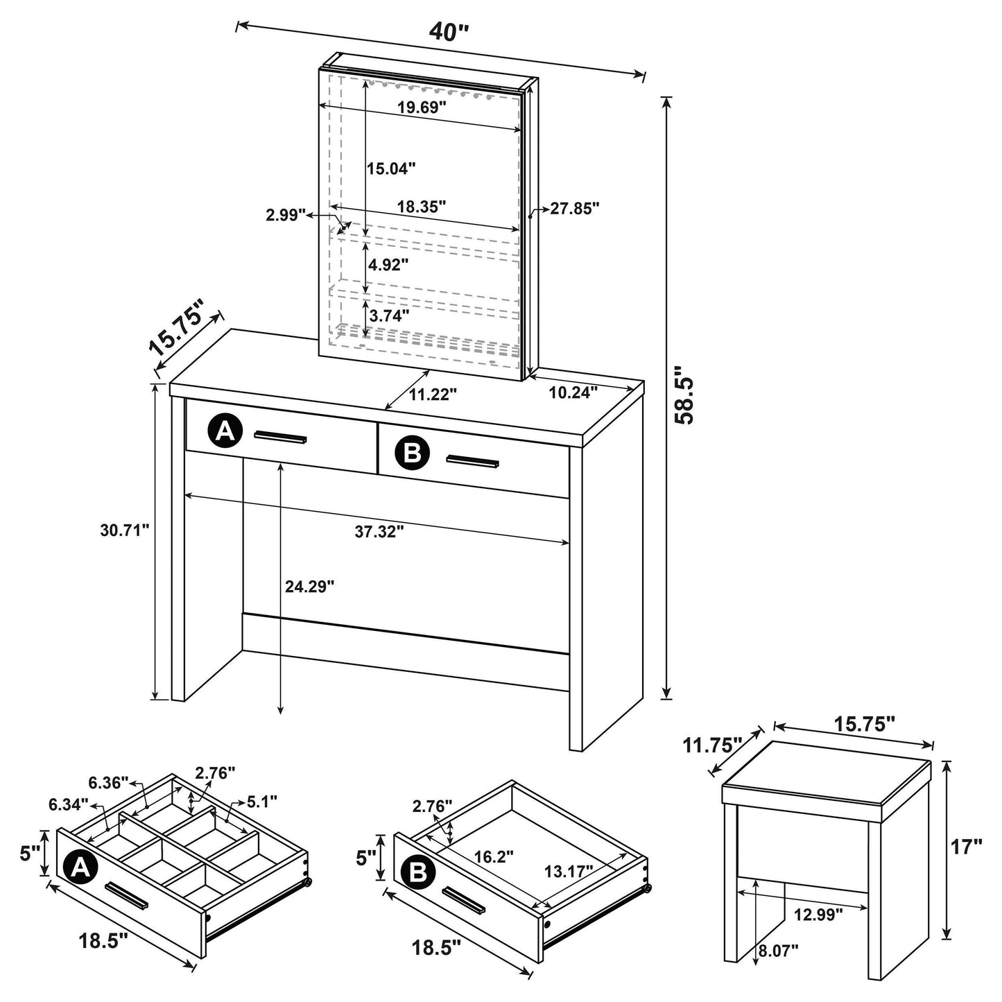 Coaster Furniture Bunbury 930280 Makeup Vanity Table Set Storage Mirror and Stool - White IMAGE 20