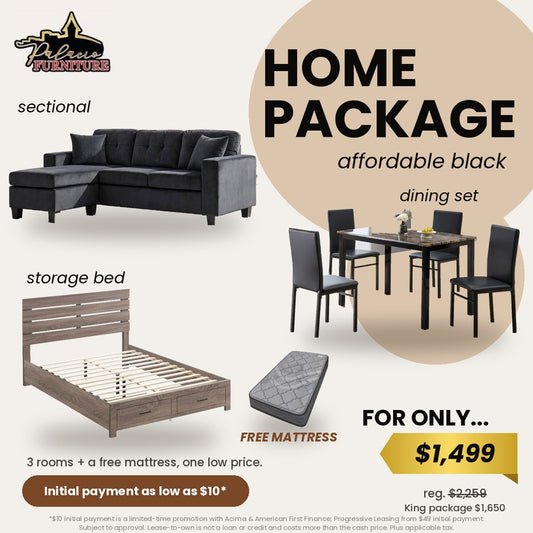 Affordable Home Package Black - sectional, dining set, storage bed and free mattress