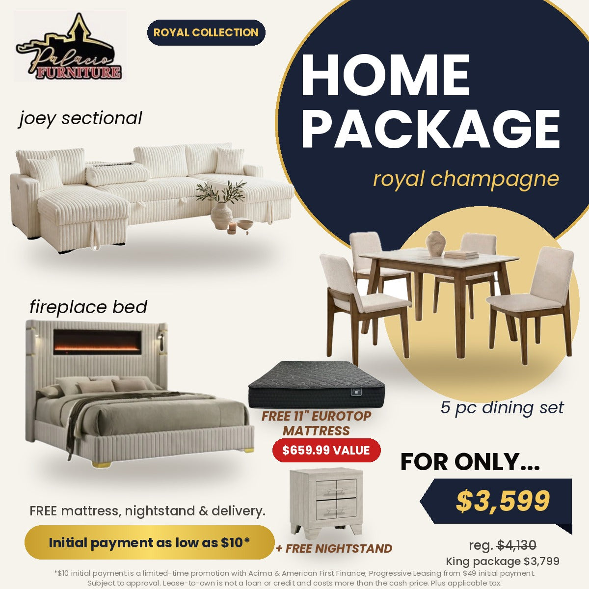 Royal Home Package Champagne - Joey sleeper sectional, Alan dining set, beige Romance fireplace bed, free mattress and nightstand