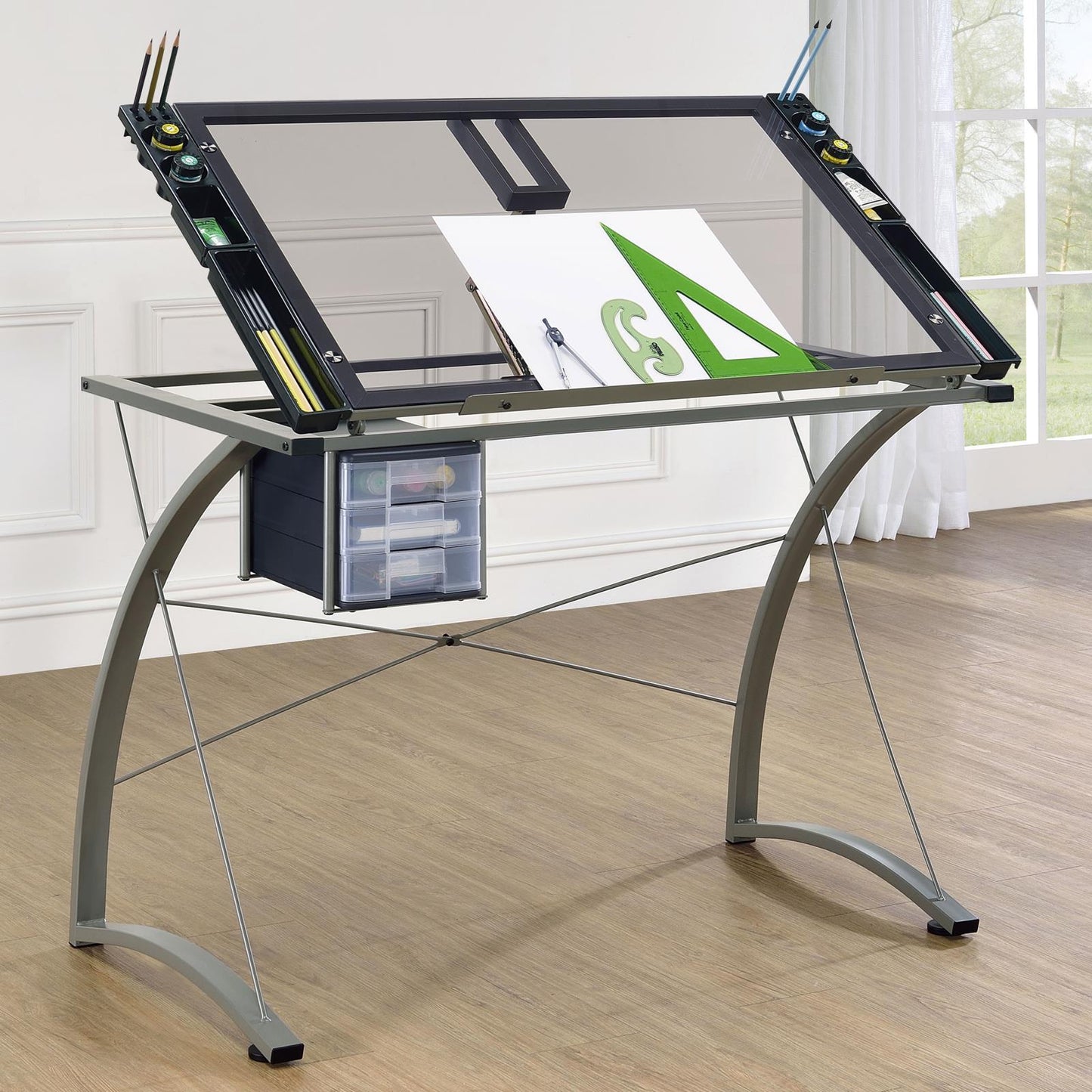 Coaster Furniture Melo 800986 41-inch Glass Top Drafting Table with Storage - Silver IMAGE 10