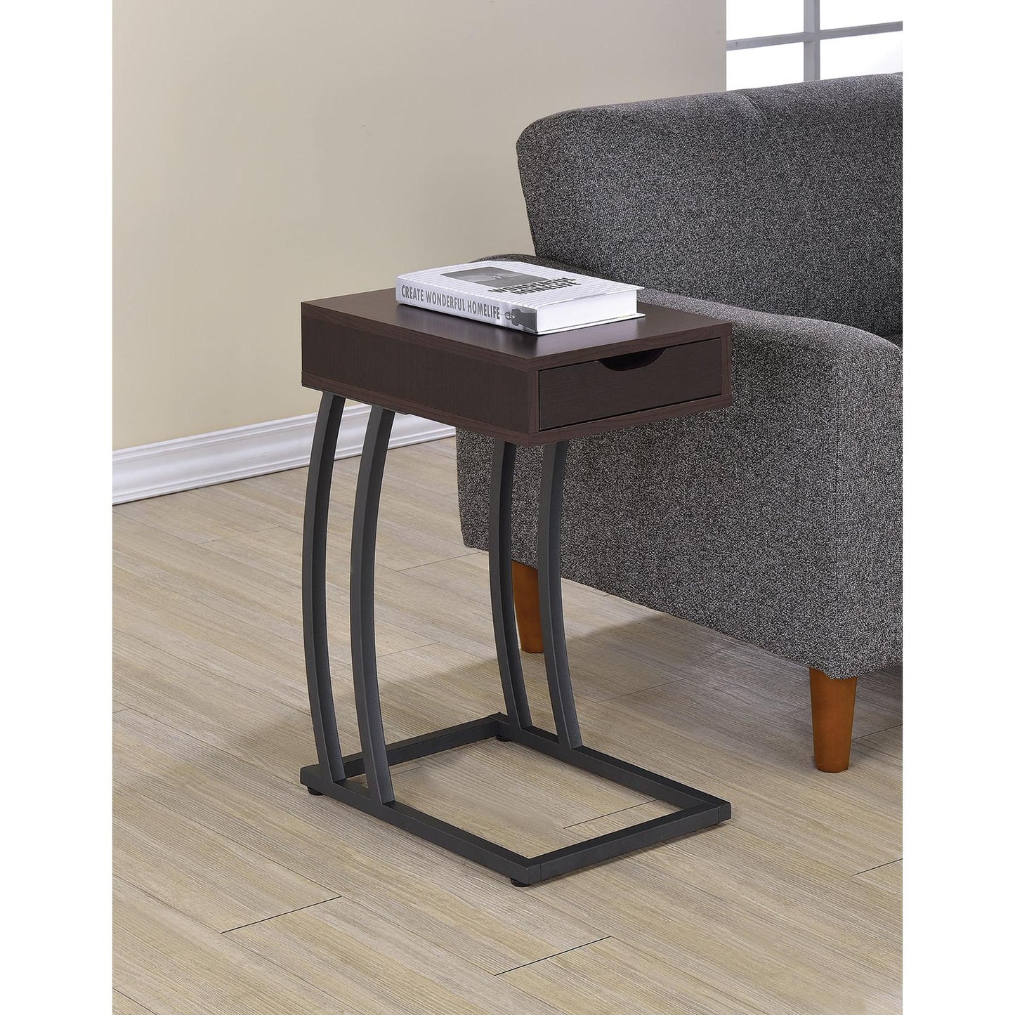Coaster Furniture Troy 900578 1-Drawer C-Shaped Side Table Power Outlet - Cappuccino IMAGE 2