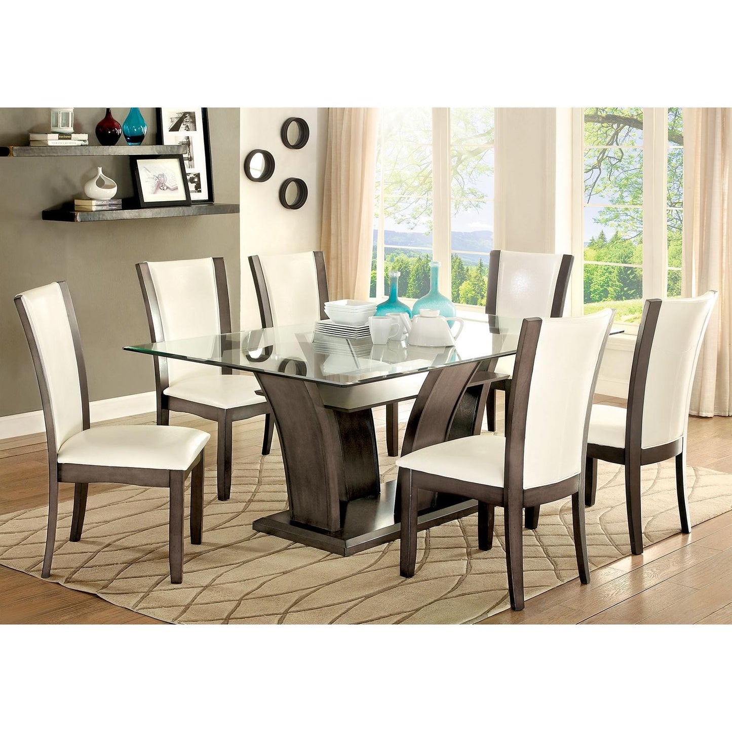  Furniture of America Manhattan Dining Table with Glass Top & Pedestal Base CM3710GY-T-TABLE IMAGE 2