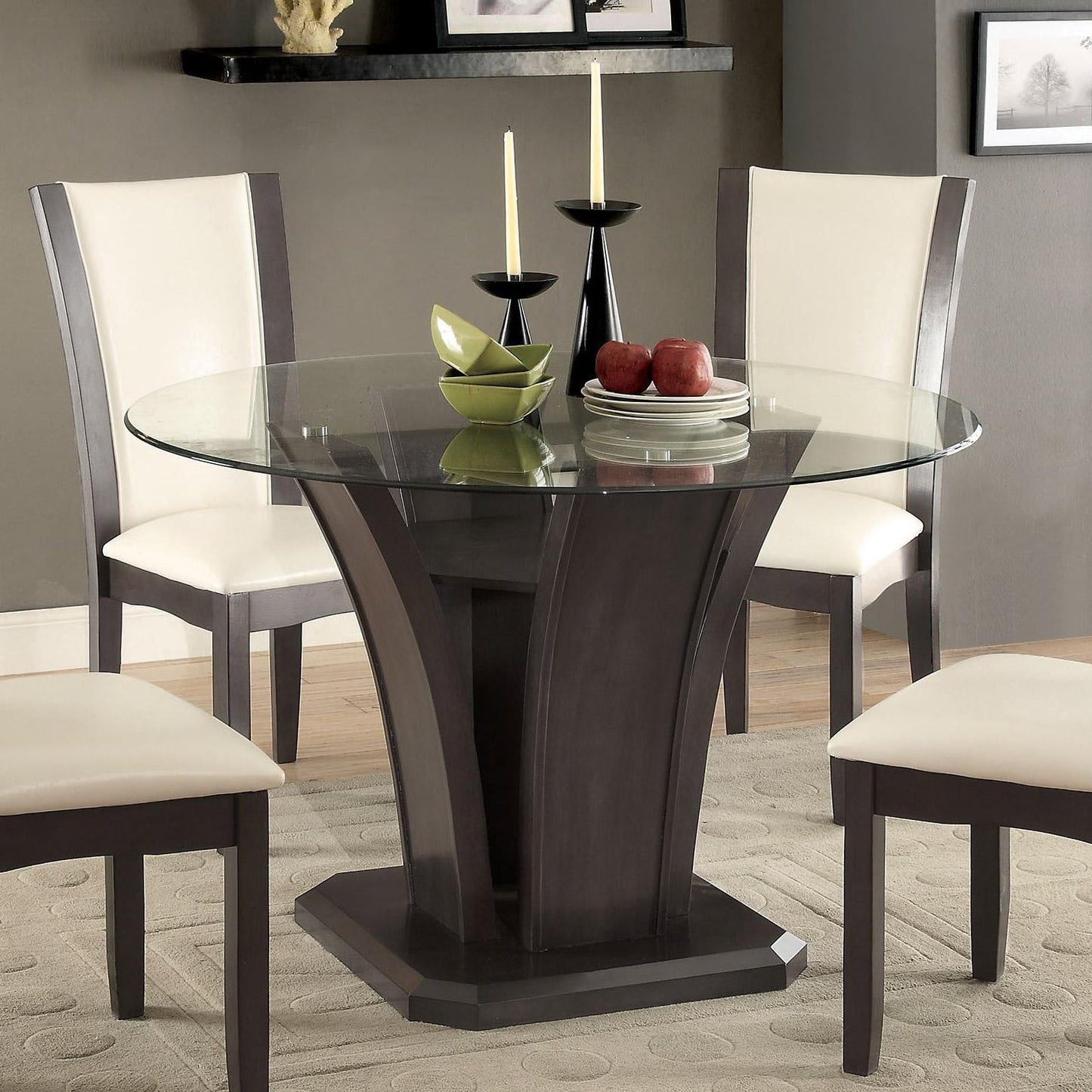  Furniture of America Round Manhattan Dining Table with Glass Top & Pedestal Base CM3710GY-RT-TABLE IMAGE 1