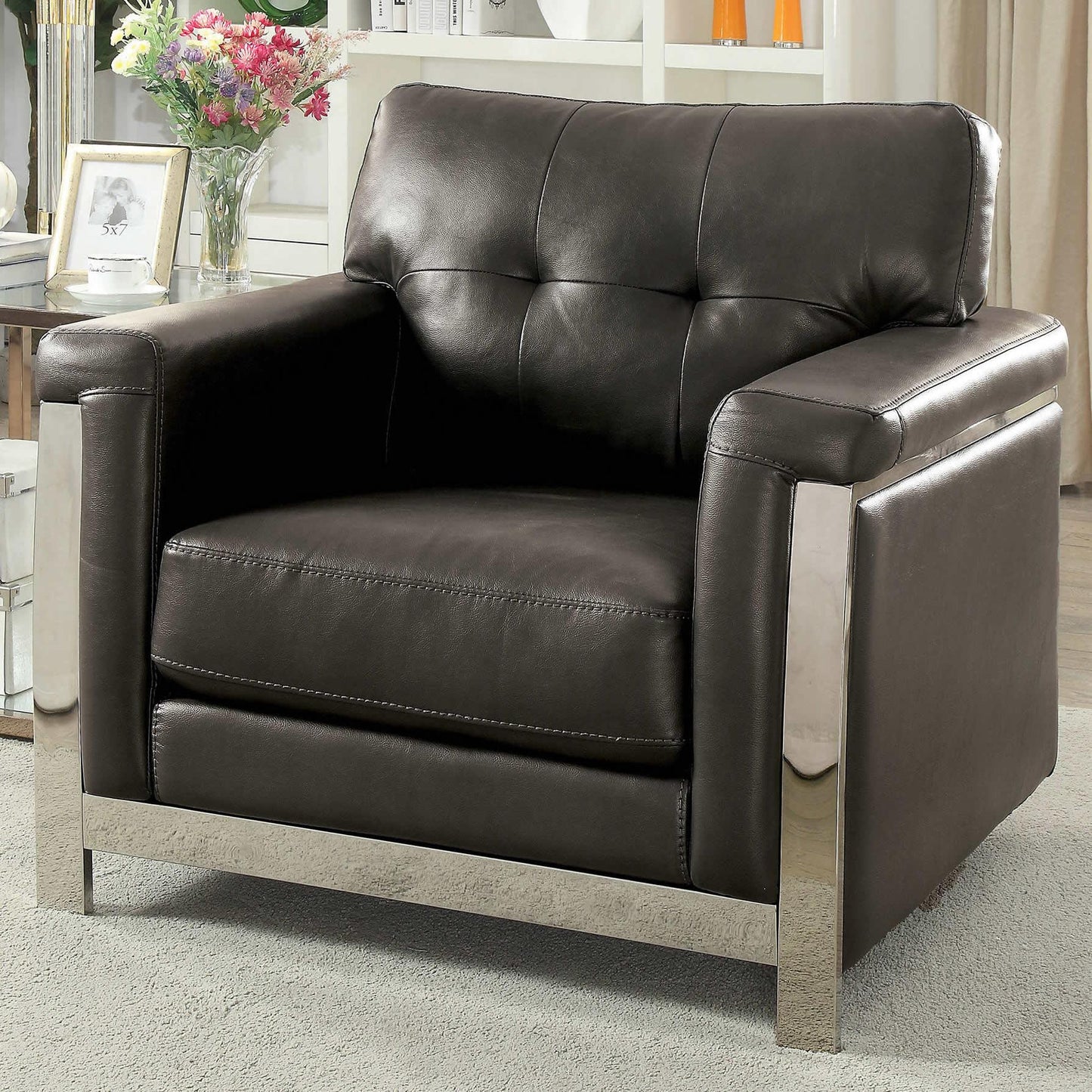  Furniture of America Nanette Stationary Leather Look Chair CM6425GY-CH IMAGE 3
