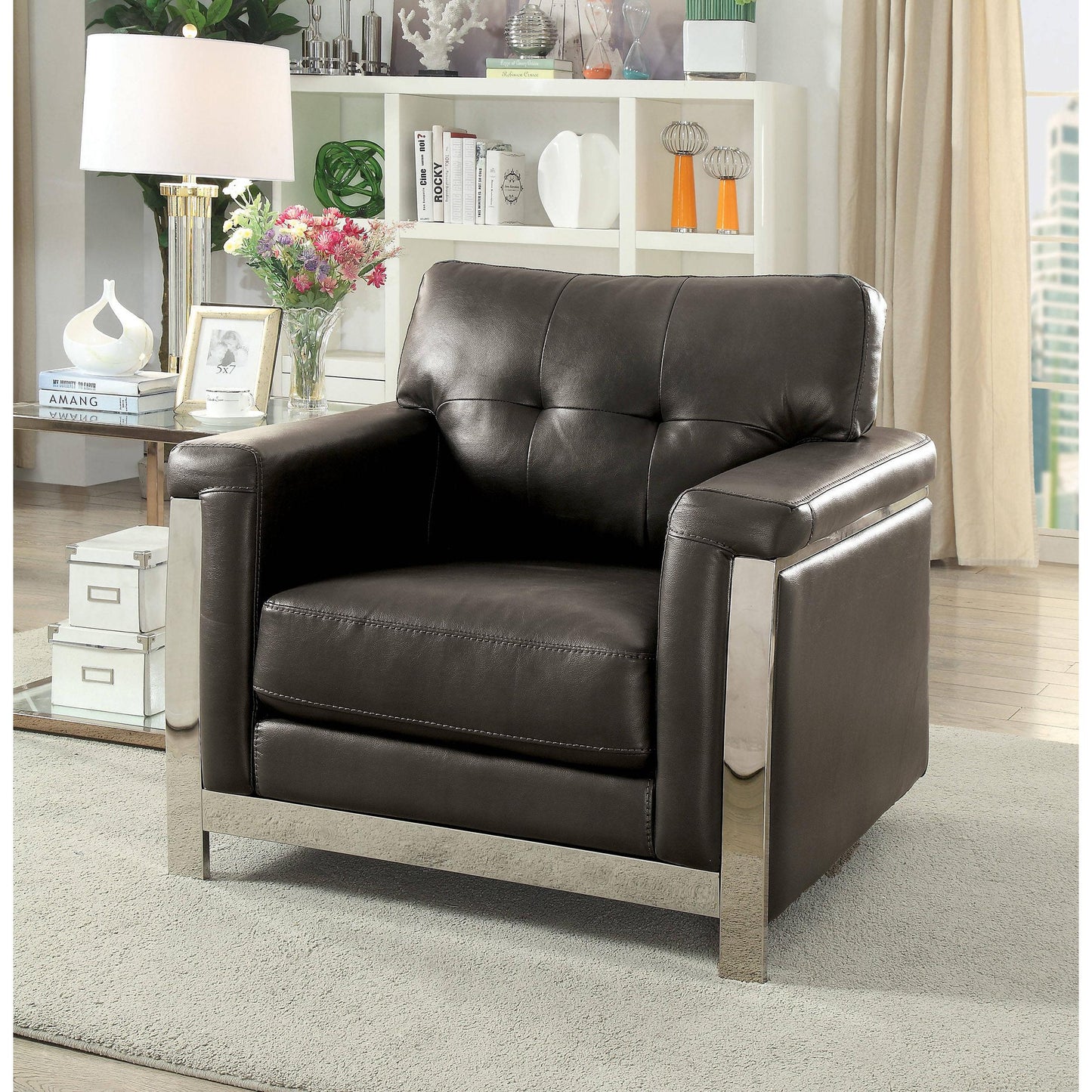  Furniture of America Nanette Stationary Leather Look Chair CM6425GY-CH IMAGE 4