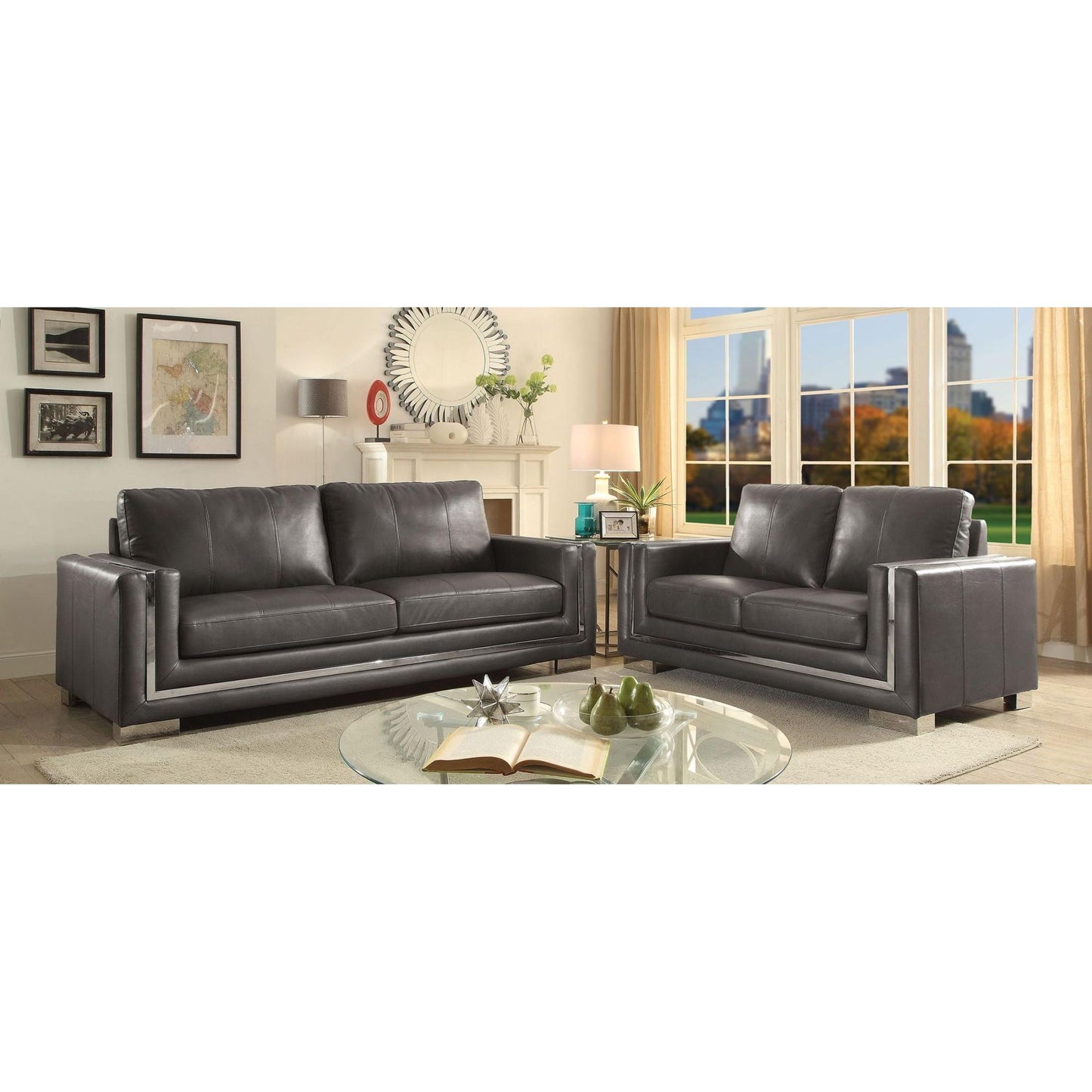  Furniture of America Perla Stationary Leather Look Sofa CM6424GY-SF IMAGE 5