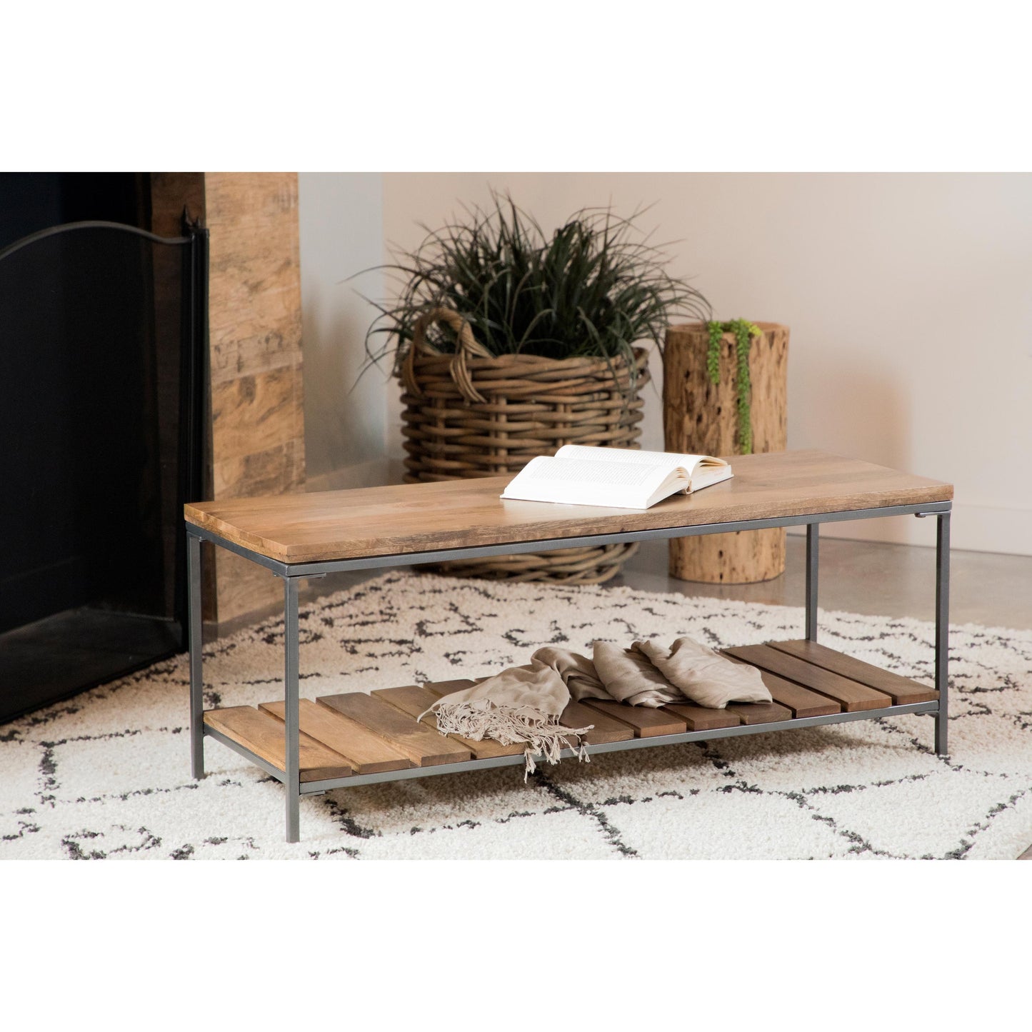Coaster Furniture Gerbera 914127 Wood Accent Bench with Shelf - Natural and Gunmetal IMAGE 2