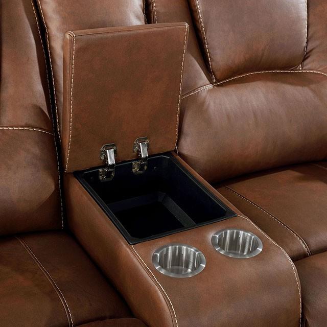  Furniture of America Ffion Reclining Leather Look Loveseat with Console CM6219BR-LV IMAGE 4