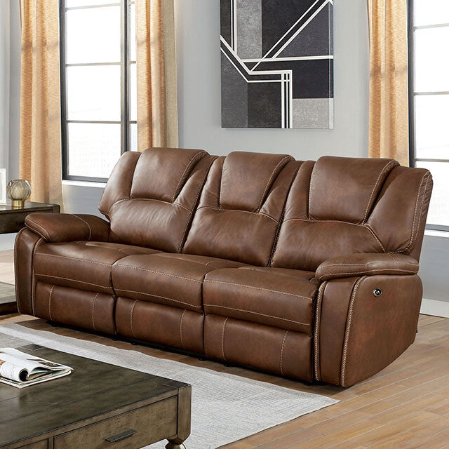  Furniture of America Ffion Power Reclining Leather Look Sofa CM6219BR-SF IMAGE 1