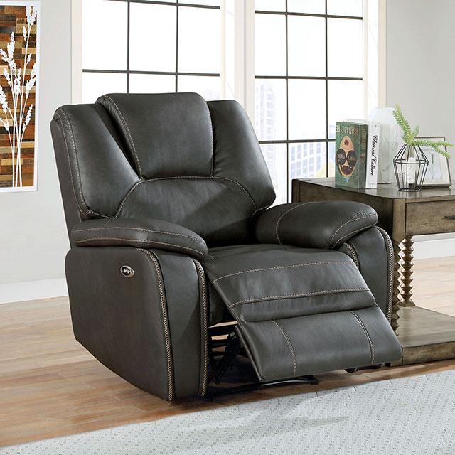  Furniture of America Ffion Power Leather Look Recliner CM6219GY-CH IMAGE 1