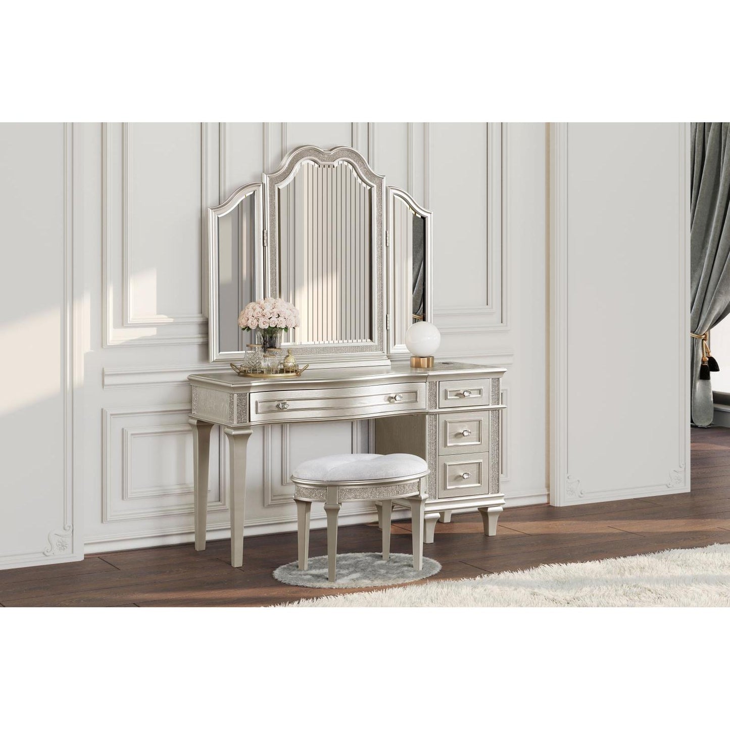  Coaster Furniture Evangeline 223397 4-Drawer Vanity Desk Makeup Table - Silver Oak IMAGE 7