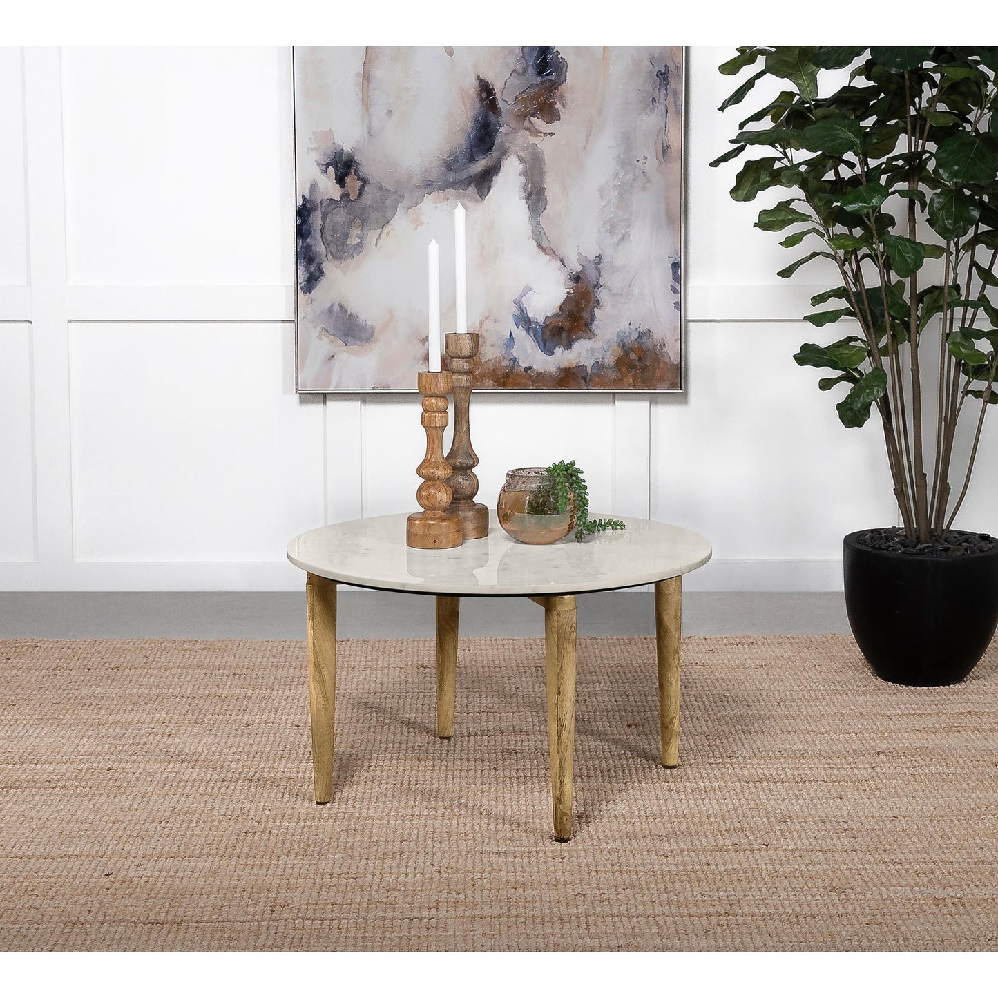 Coaster Furniture Aldis 703718 Round Marble Top Coffee Table - White and Natural IMAGE 3