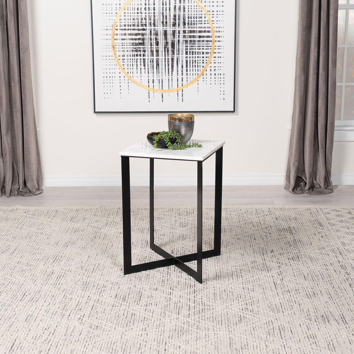  Coaster Furniture Tobin 707697 Square Marble Top End Table - White and Black IMAGE 2