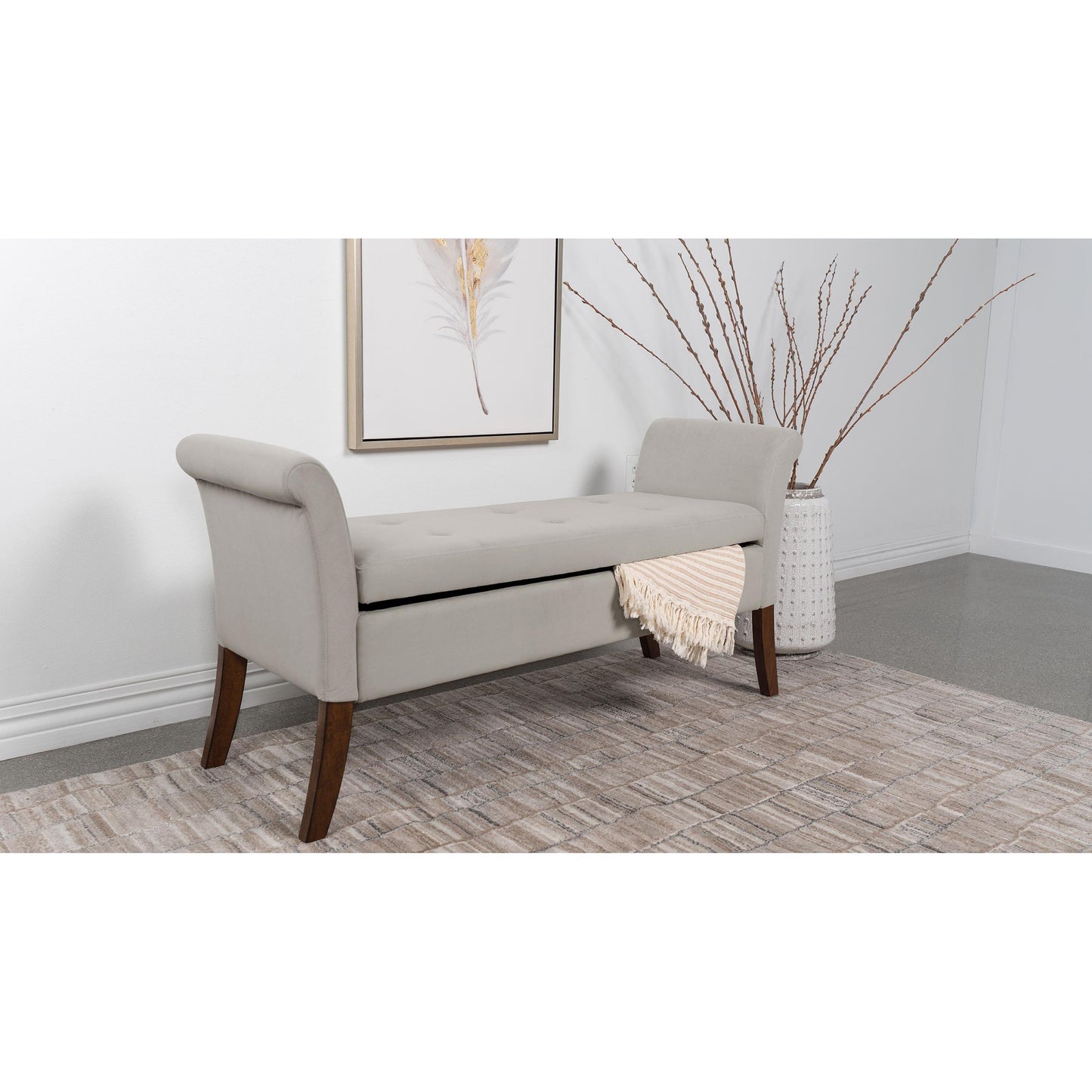 Coaster Furniture Farrah 910238 Velvet Upholstered Rolled Arm Storage Bench - Beige IMAGE 2