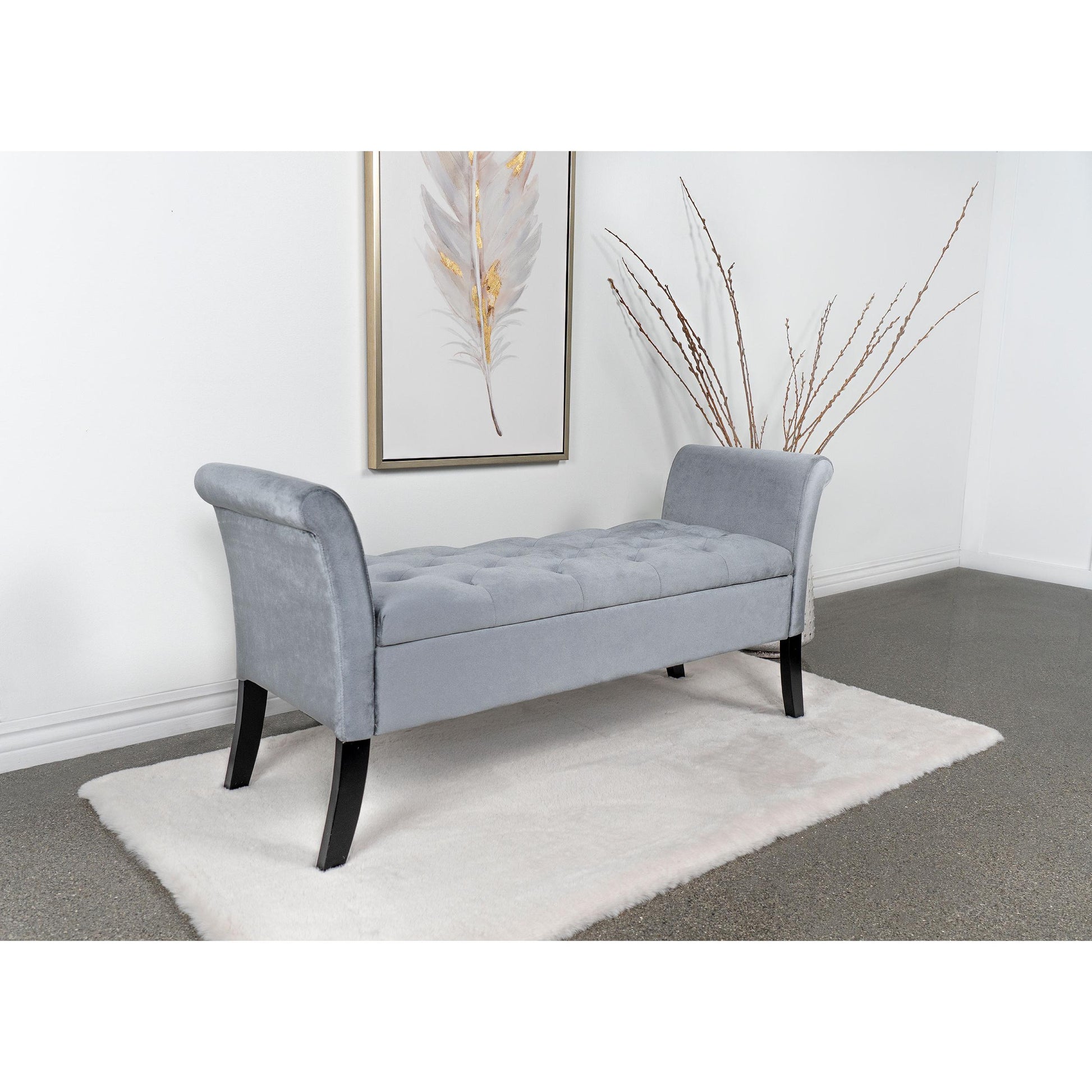 Coaster Furniture Farrah 910239 Velvet Upholstered Rolled Arm Storage Bench - Silver IMAGE 2
