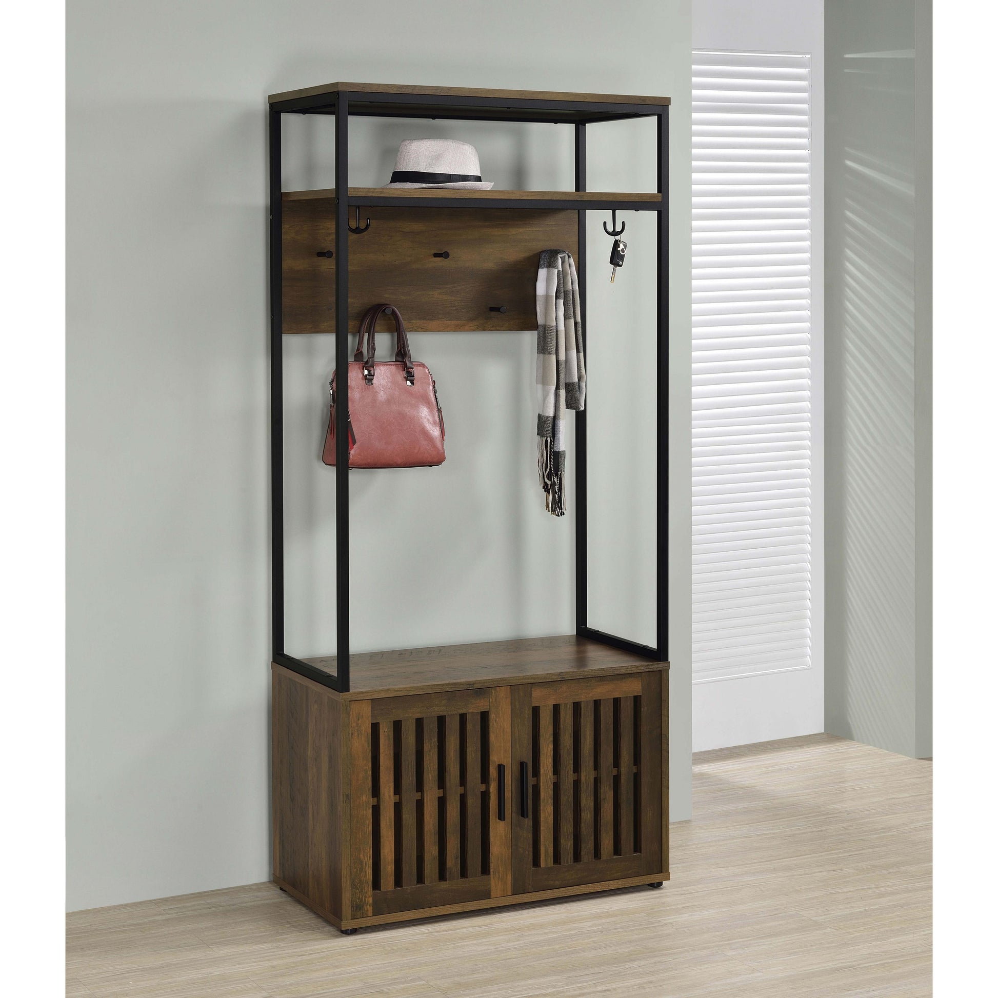 Coaster Furniture Quincy 980006 2-door Coat Rack Hall Tree Storage Bench - Dark Pine IMAGE 2
