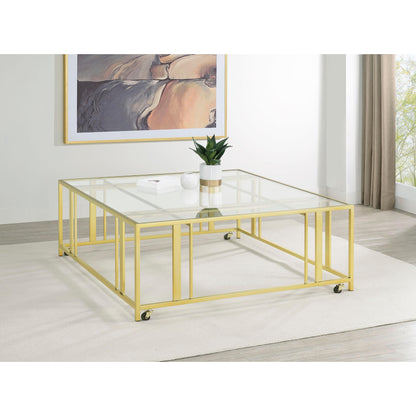 Coaster Furniture Adri 710188 Square Glass Top Coffee Table with Casters - Matte Brass IMAGE 2
