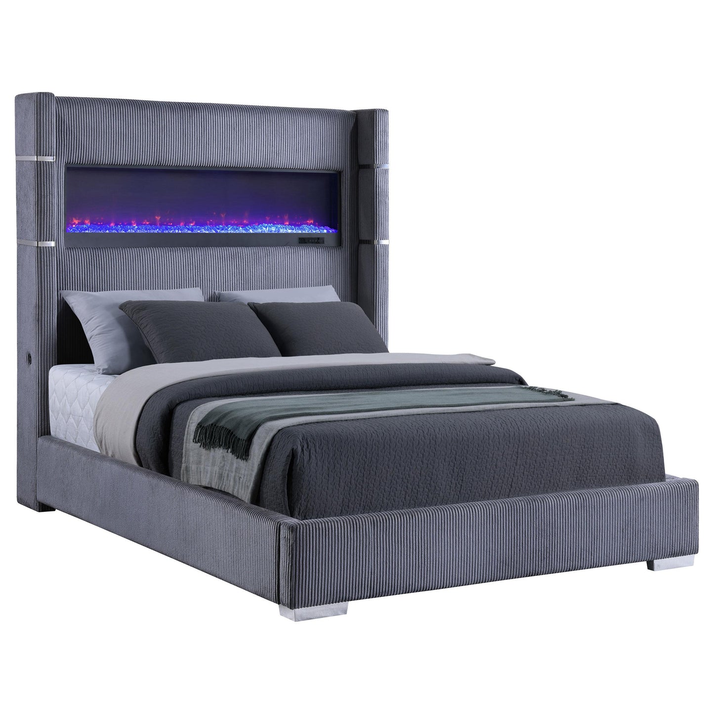  Coaster Furniture Tisdall 306030KW Upholstered Cal King Flame Visualizer Bed - Grey IMAGE 2