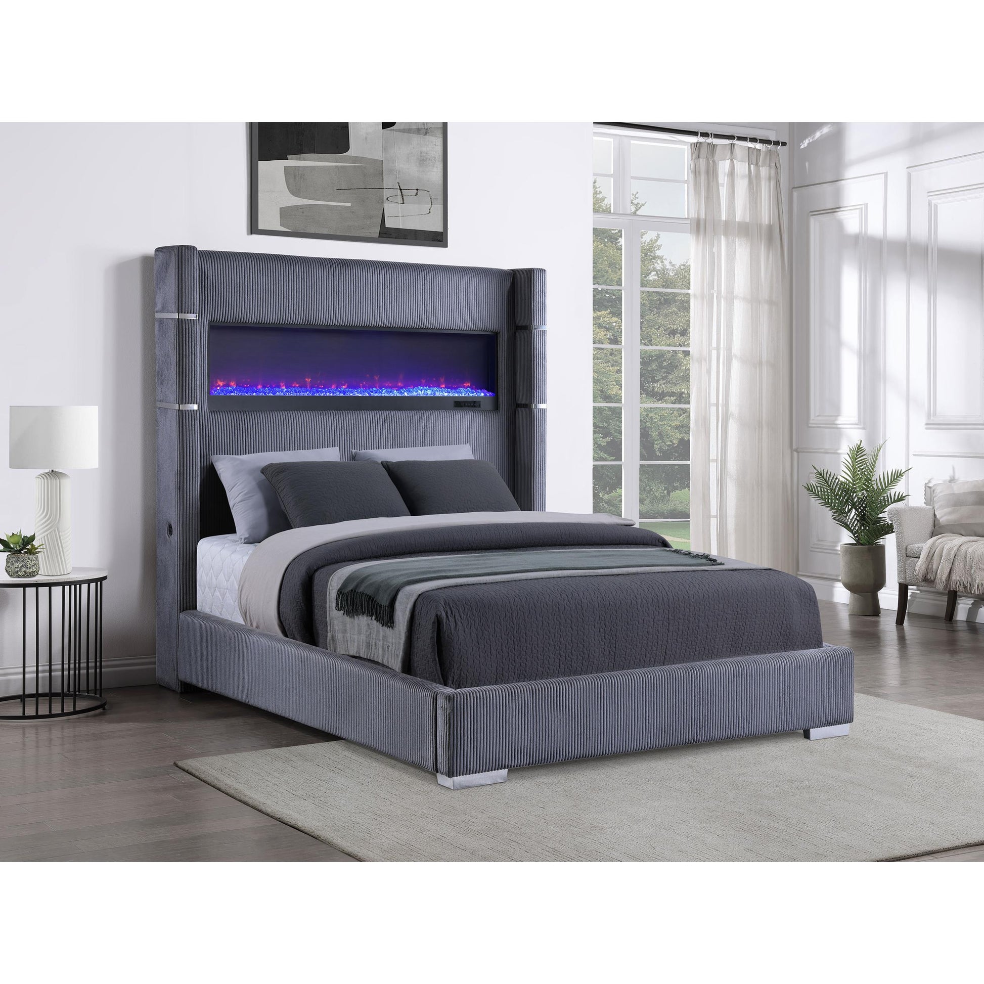  Coaster Furniture Tisdall 306030KW Upholstered Cal King Flame Visualizer Bed - Grey IMAGE 4