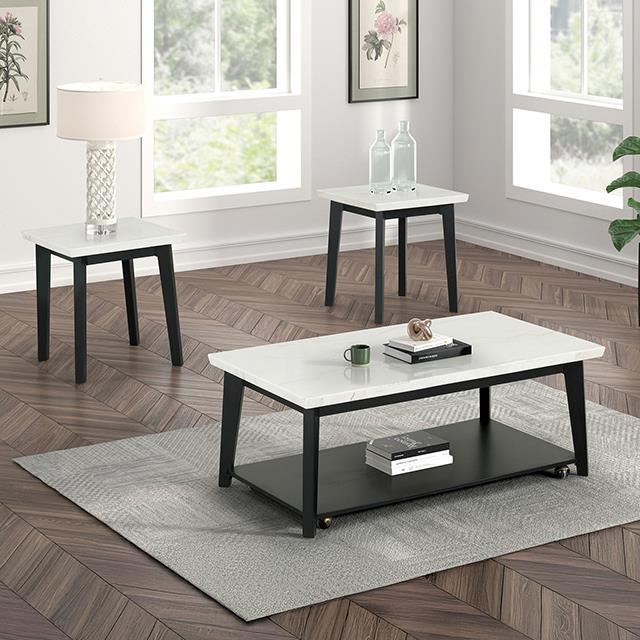  Furniture of America Thisted FM44002WH-CR Rectangle Marble Coffee Table with Casters IMAGE 2