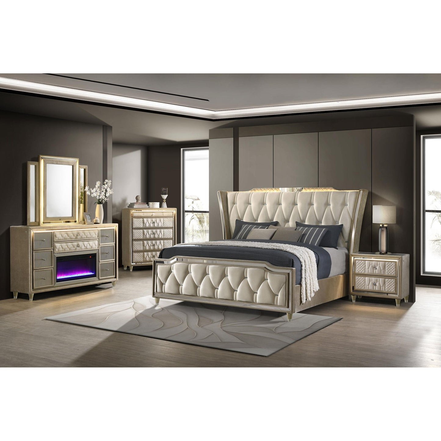  Coaster Furniture Lorient 222661Q Queen LED Upholstered Wingback Bed - Ivory/Camel IMAGE 13