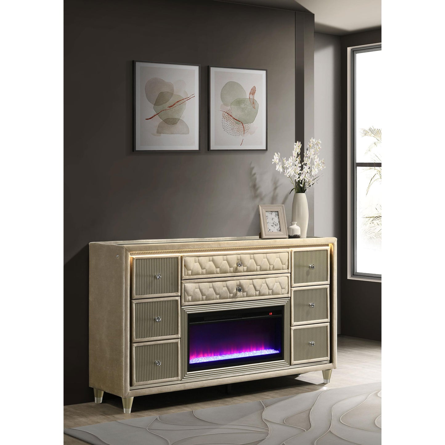  Coaster Furniture Lorient 222663FB 8-drawer LED Bedroom Flame Box Dresser - Ivory Camel IMAGE 6