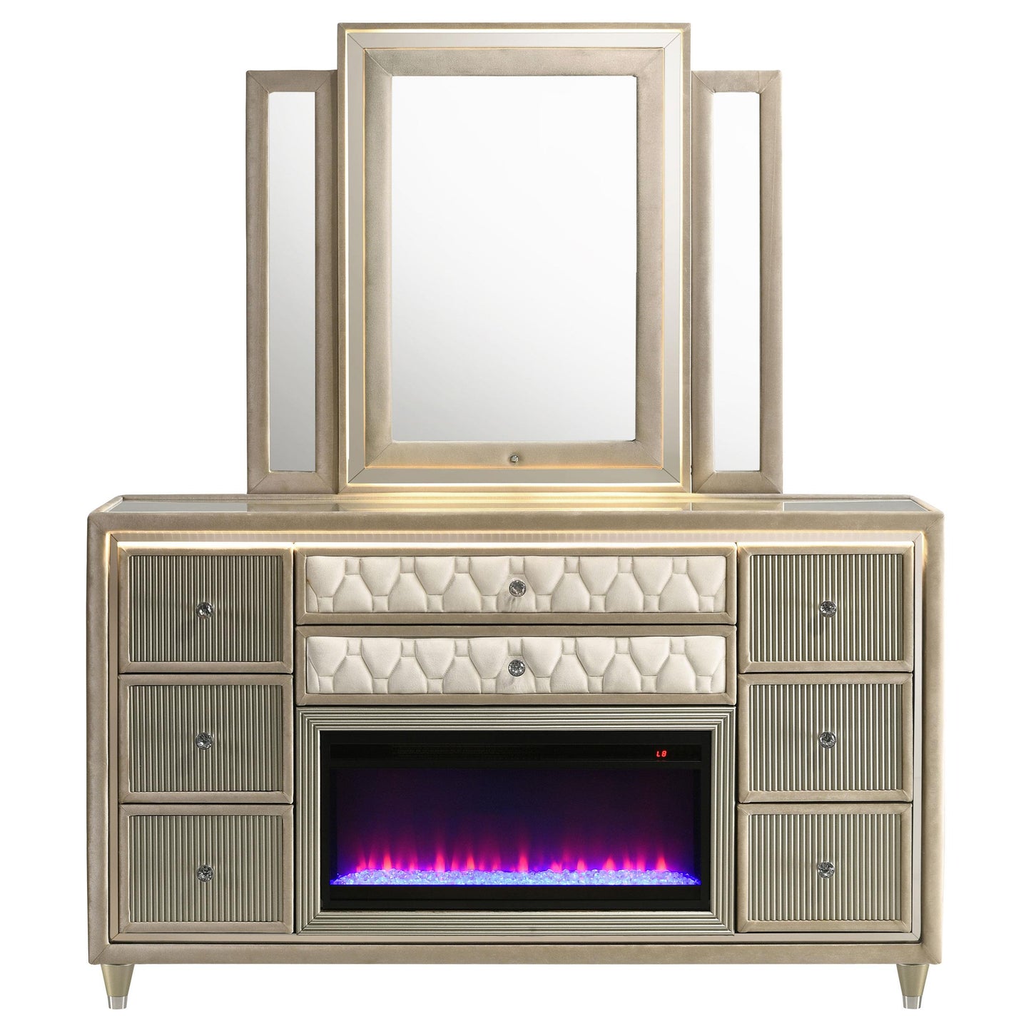  Coaster Furniture Lorient 222663FBM 8-drawer LED Flame Box Dresser and Mirror - Ivory Camel IMAGE 6