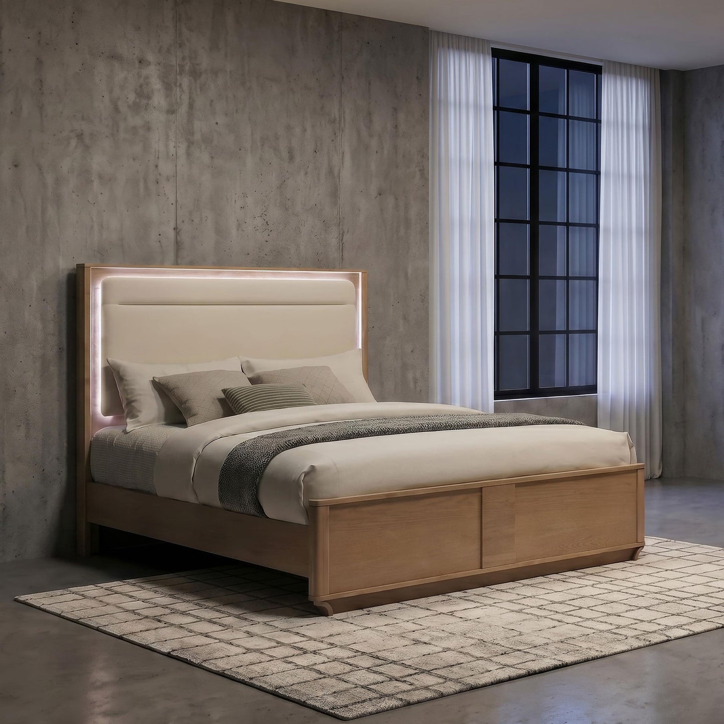  Coaster Furniture Leanne 223131Q Queen LED Panel Bed - Off White/Light Oak IMAGE 5